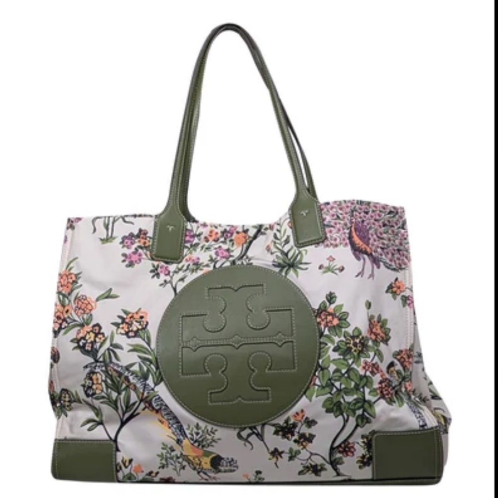 Tory Burch - Ivory, Green, & Pink Floral Peacock Print Tote Bag